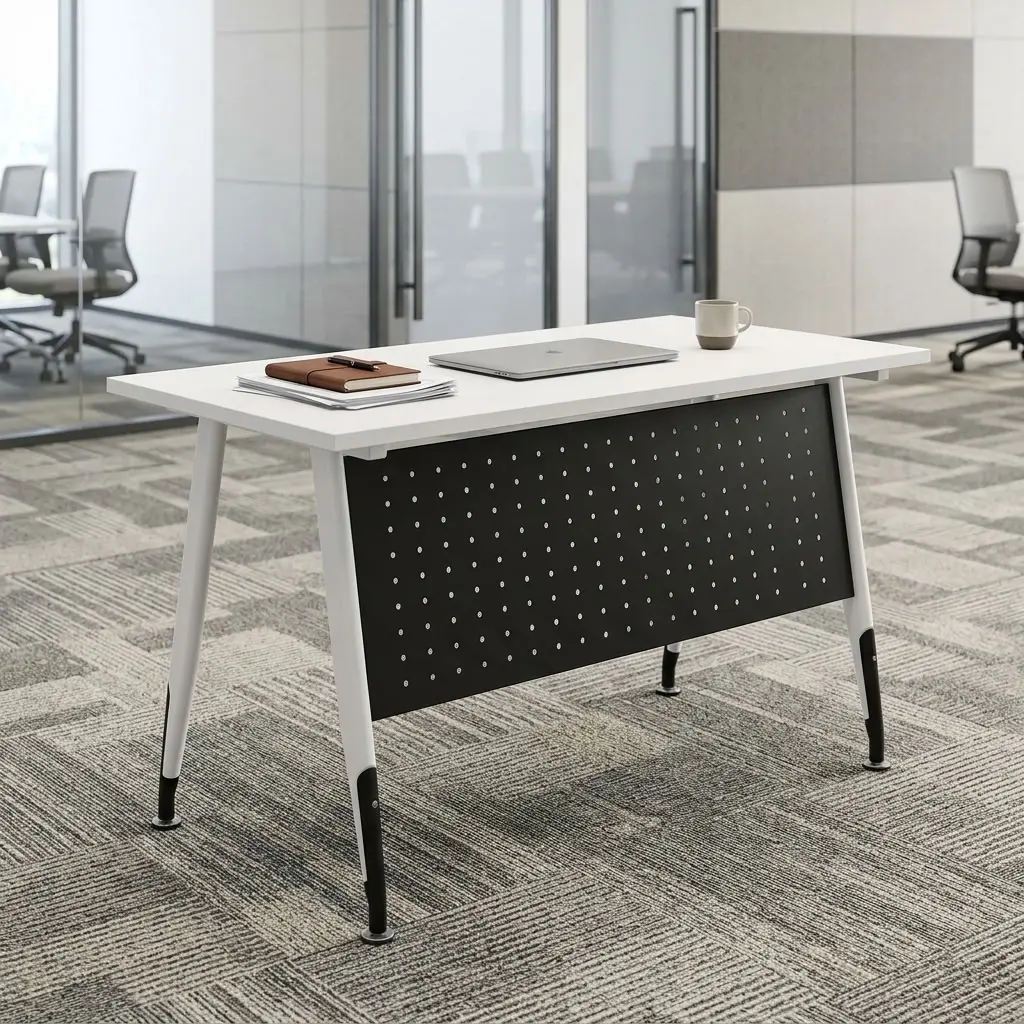 1.2M Contemporary Office Table With Slim White Rectangular Worktop, Dark Perforated Front Modesty Panel, Four Angled Light-Toned Legs And Contrasting Dark Lower Leg Sections