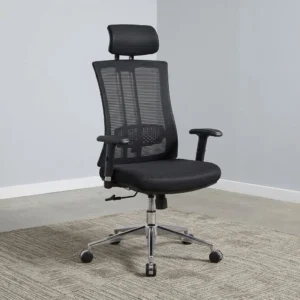 Premium Ergonomic Task Chair with high black mesh backrest, lumbar support, padded headrest, cushioned seat, armrests, polished five-star base and caster wheels