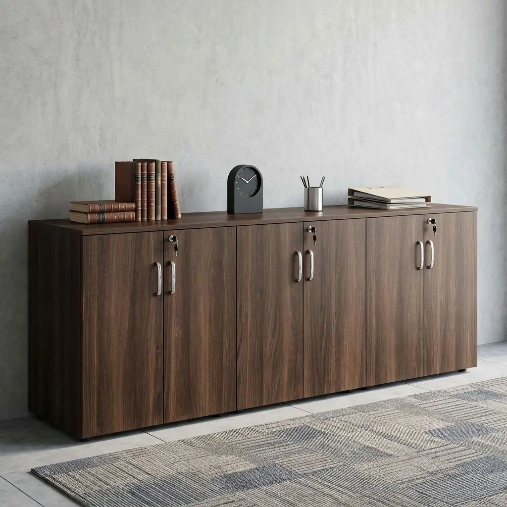 6-Door Executive Credenza Cabinet With Dark Wood-Grain Finish, Six Hinged Doors, Three Lockable Sections And Curved Metallic-Toned Handles
