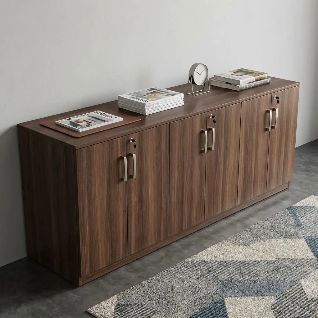 6-Door Executive Credenza Cabinet With Dark Wood-Grain Finish, Six Hinged Doors, Three Lockable Sections And Curved Metallic-Toned Handles
