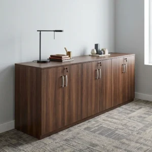 6-Door Executive Credenza Cabinet with dark wood-grain finish, six hinged doors, three lockable sections and curved metallic-toned handles