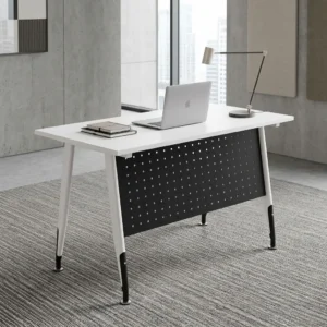 1.2m Contemporary Office Table with slim white rectangular worktop, dark perforated front modesty panel, four angled light-toned legs and contrasting dark lower leg sections