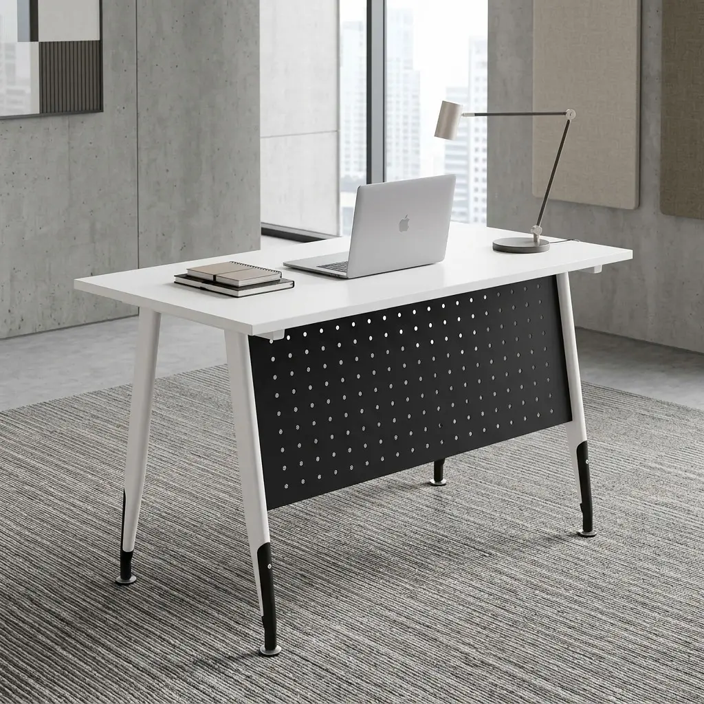 1.2M Contemporary Office Table With Slim White Rectangular Worktop, Dark Perforated Front Modesty Panel, Four Angled Light-Toned Legs And Contrasting Dark Lower Leg Sections