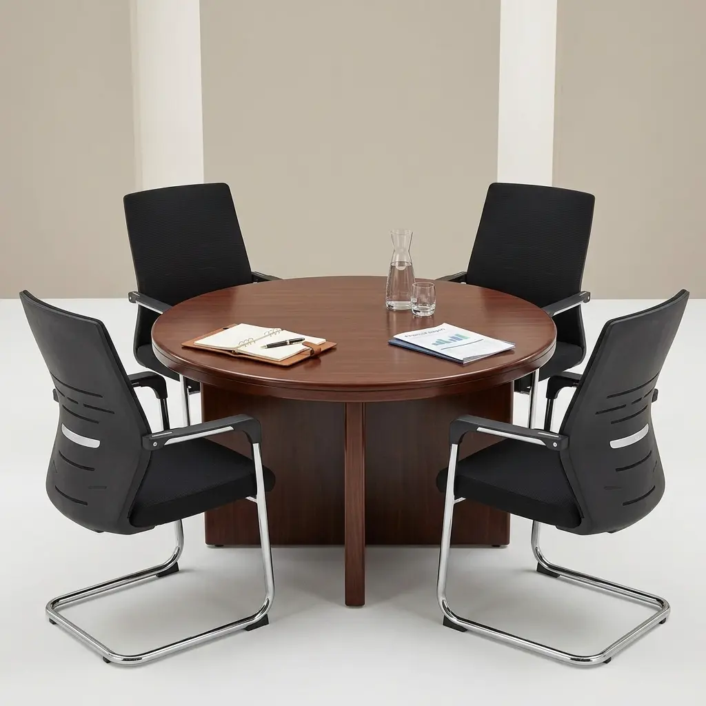 4-Person Circular Conference Table With Dark Wood-Grain Round Tabletop, Layered Edge Detail And Central Panel-Style Support Base