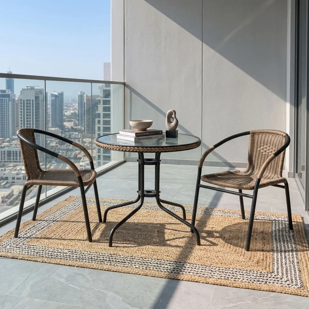 2-Seater Outdoor Rattan Set With Two Brown Woven Rattan-Style Armchairs, Dark-Toned Frames And Round Glass-Top Table With Woven Edge Detailing And Curved Four-Leg Base