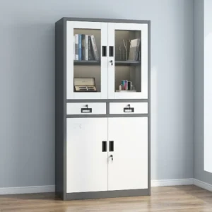 Two-Tone Glass Door Office Cabinet with light and dark grey finish, two glass-fronted upper doors, internal shelves, two lockable drawers, solid lower doors and recessed dark handles