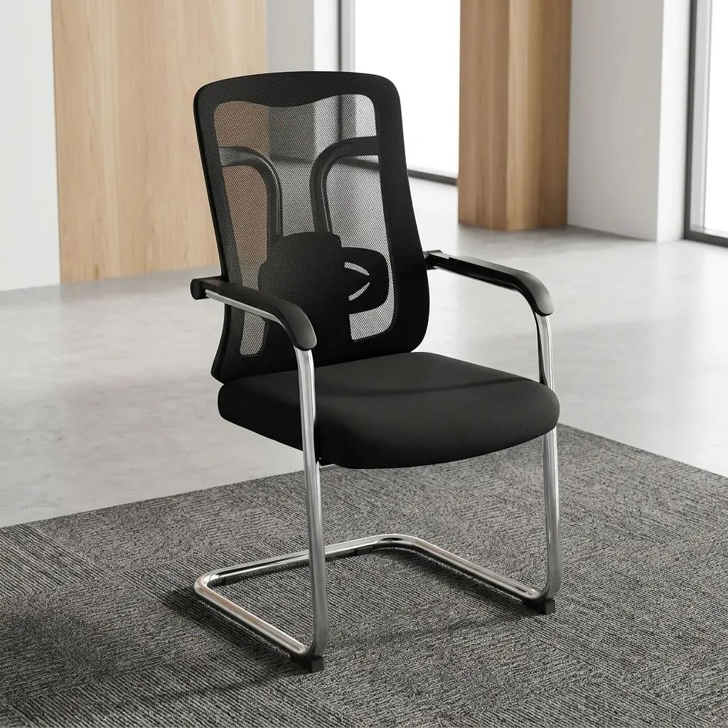Ergonomic Mesh Guest Office Chair With Black Breathable Mesh Backrest, Visible Lumbar Support, Padded Black Seat, Fixed Armrests With Black Pads And Chrome-Toned Cantilever Frame