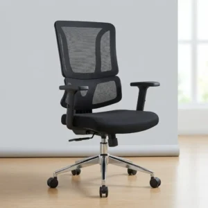 Orthopedic Office Swivel Chair with high black mesh backrest, separate lumbar support section, padded seat, armrests, polished five-star base and caster wheels