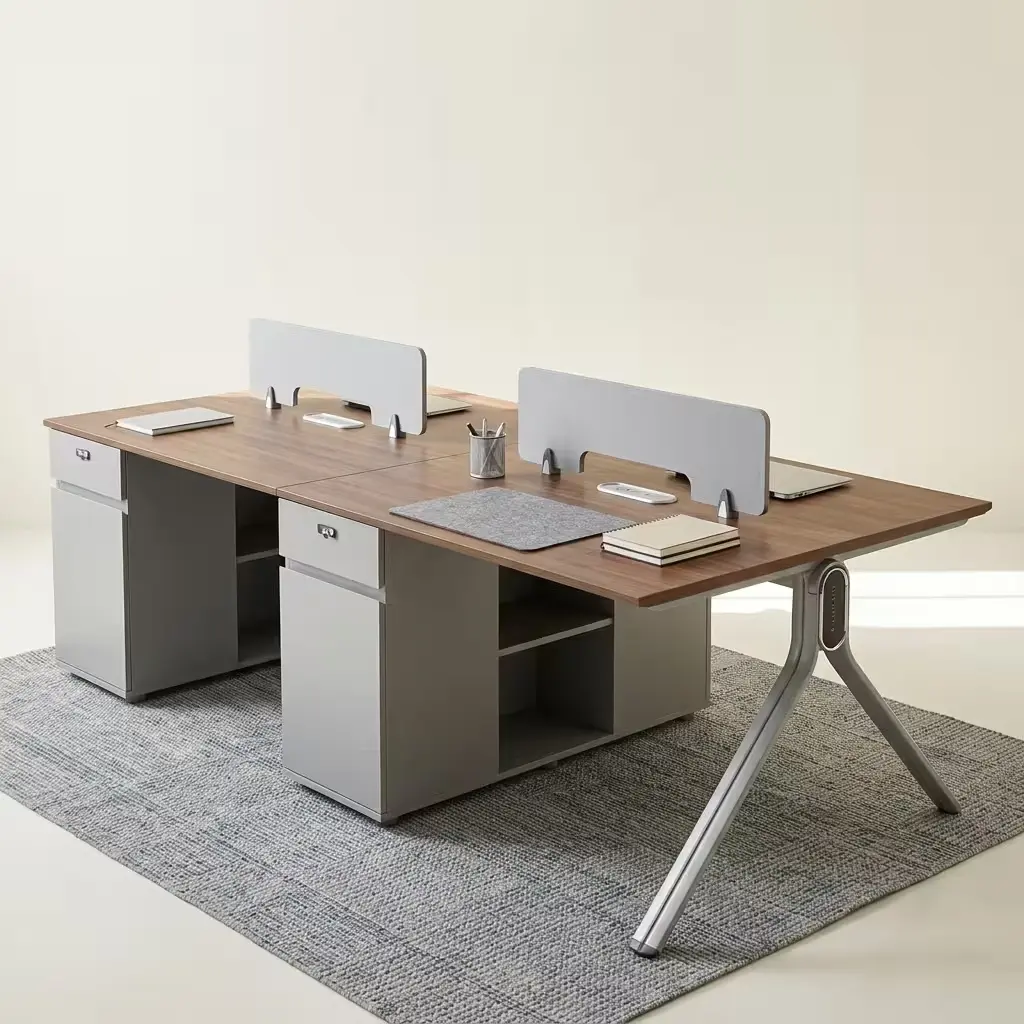 4-Way Office Cluster Workstation With Four Brown Wood-Grain Work Areas, Grey-Toned Integrated Drawer And Open Storage Units, And Angled Metallic-Toned Outer Legs