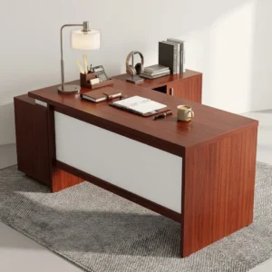 1.8m Contemporary Director Desk with reddish-brown wood-grain worktop, integrated side return, open and enclosed storage, panel-style support and light-toned front modesty panel