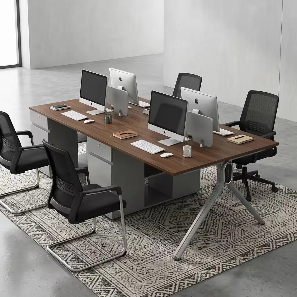 4-Way Office Cluster Workstation With Four Brown Wood-Grain Work Areas, Grey-Toned Integrated Drawer And Open Storage Units, And Angled Metallic-Toned Outer Legs