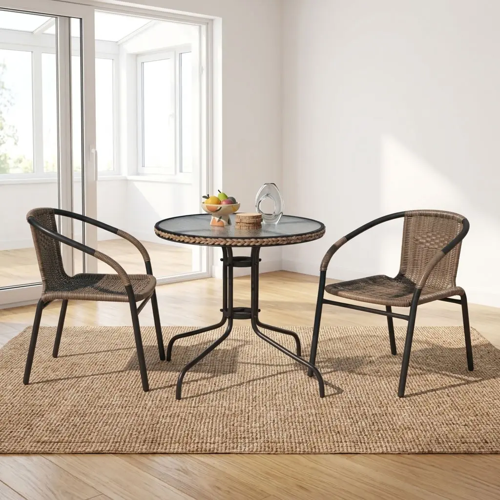 2-Seater Outdoor Rattan Set With Two Brown Woven Rattan-Style Armchairs, Dark-Toned Frames And Round Glass-Top Table With Woven Edge Detailing And Curved Four-Leg Base