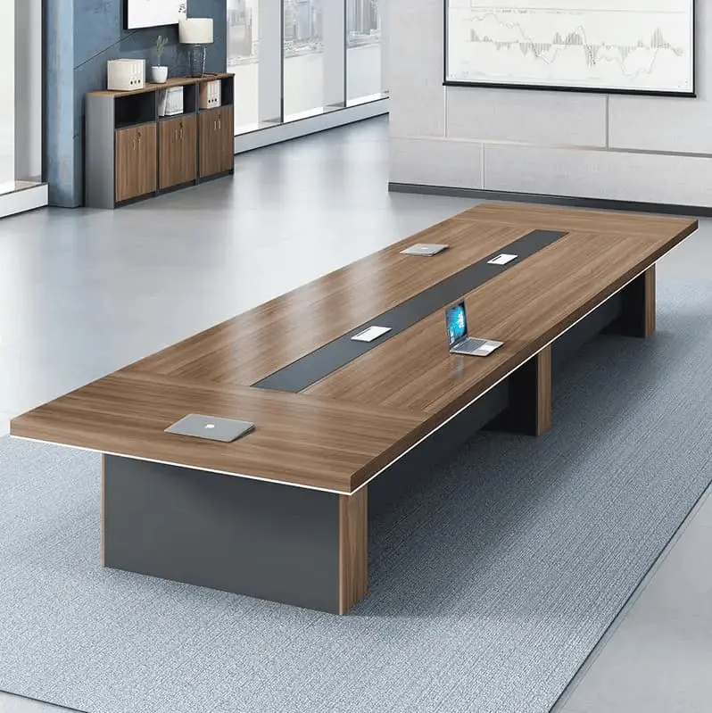 6M Corporate Meeting Room Table With Large Rectangular Wood-Grain Tabletop, Dark Central Section, Integrated Tabletop Access Points And Substantial Panel-Style Bases