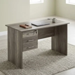 1.2m Compact Computer Desk with grey wood-grain rectangular worktop, circular cable-access point, three lockable side drawers with metallic-toned handles and front modesty panel