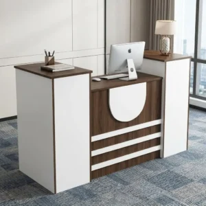 1.6m Modern Reception Counter with brown wood-grain worktop and front panel, white side sections, raised counter surfaces, curved white front feature and three horizontal accent strips