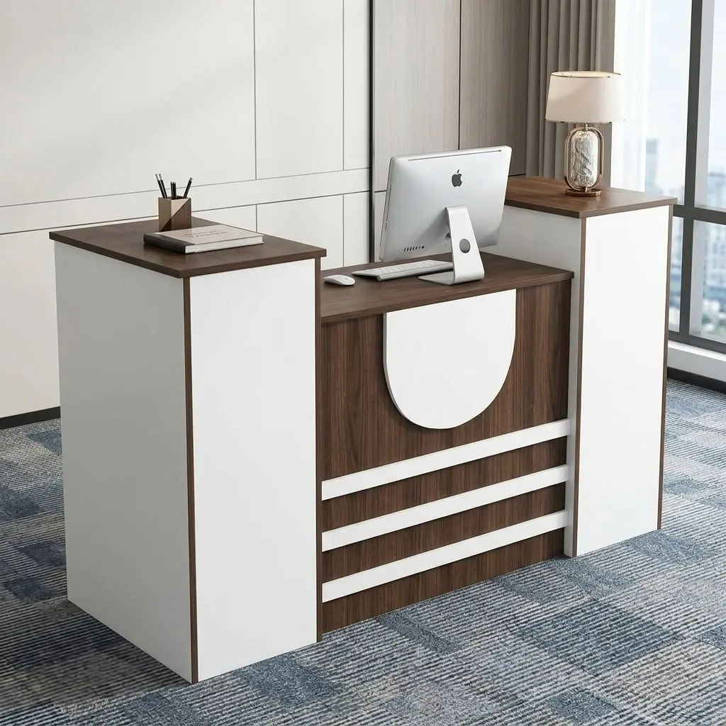 1.6M Modern Reception Counter With Brown Wood-Grain Worktop And Front Panel, White Side Sections, Raised Counter Surfaces, Curved White Front Feature And Three Horizontal Accent Strips