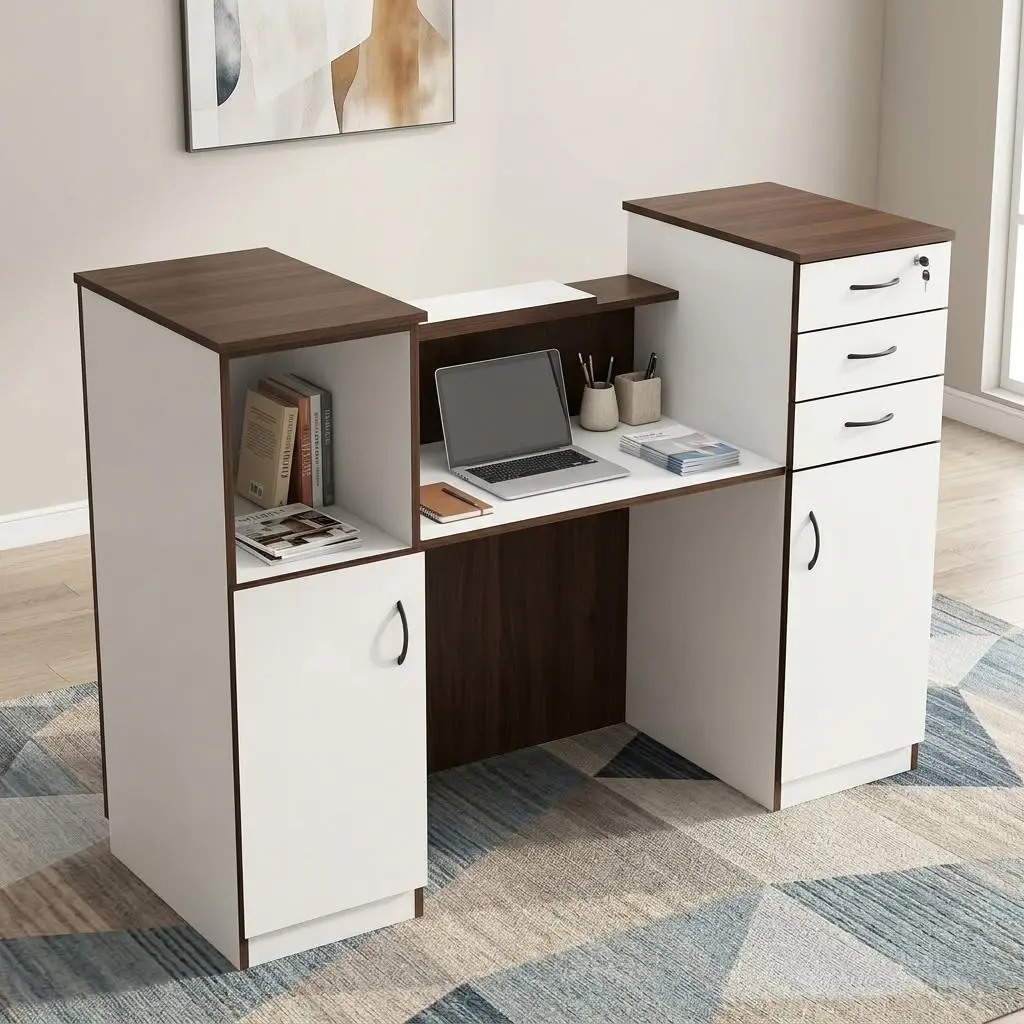1.6M Modern Reception Counter With Brown Wood-Grain Worktop And Front Panel, White Side Sections, Raised Counter Surfaces, Curved White Front Feature And Three Horizontal Accent Strips