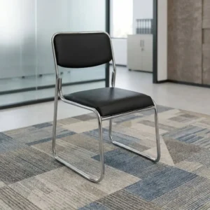 Chrome Base Black Leather Visitor Chair with black leather upholstered seating and contrasting chrome-toned supporting base