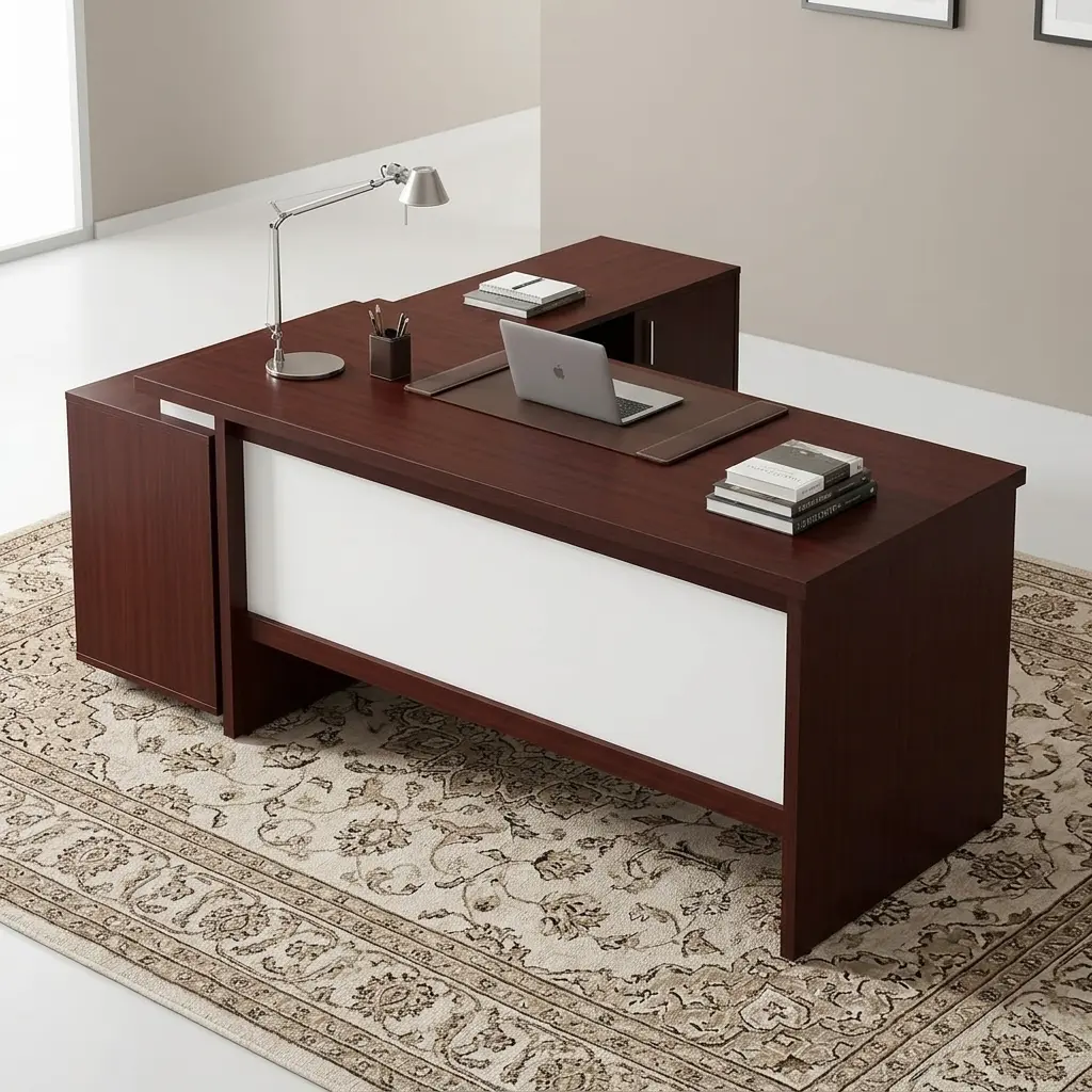 1.8M Contemporary Director Desk With Reddish-Brown Wood-Grain Worktop, Integrated Side Return, Open And Enclosed Storage, Panel-Style Support And Light-Toned Front Modesty Panel