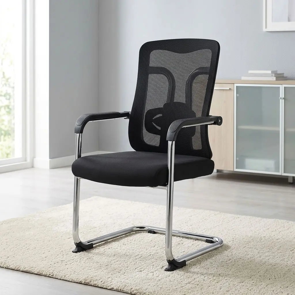 Ergonomic Mesh Guest Office Chair With Black Breathable Mesh Backrest, Visible Lumbar Support, Padded Black Seat, Fixed Armrests With Black Pads And Chrome-Toned Cantilever Frame