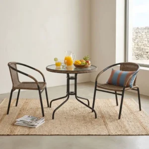 2-Seater Outdoor Rattan Set with two brown woven rattan-style armchairs, dark-toned frames and round glass-top table with woven edge detailing and curved four-leg base