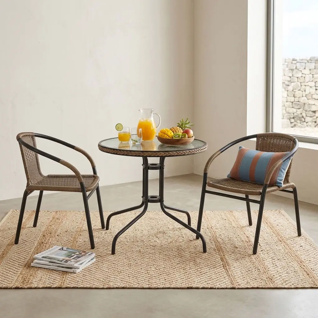 2-Seater Outdoor Rattan Set With Two Brown Woven Rattan-Style Armchairs, Dark-Toned Frames And Round Glass-Top Table With Woven Edge Detailing And Curved Four-Leg Base
