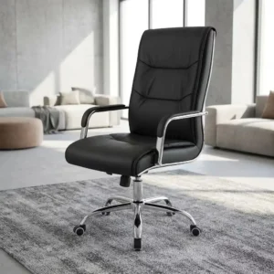 Padded Leather Executive Chair with black leather upholstery, tall horizontally padded backrest, cushioned seat and armrests, polished metallic-toned five-star swivel base and caster wheels
