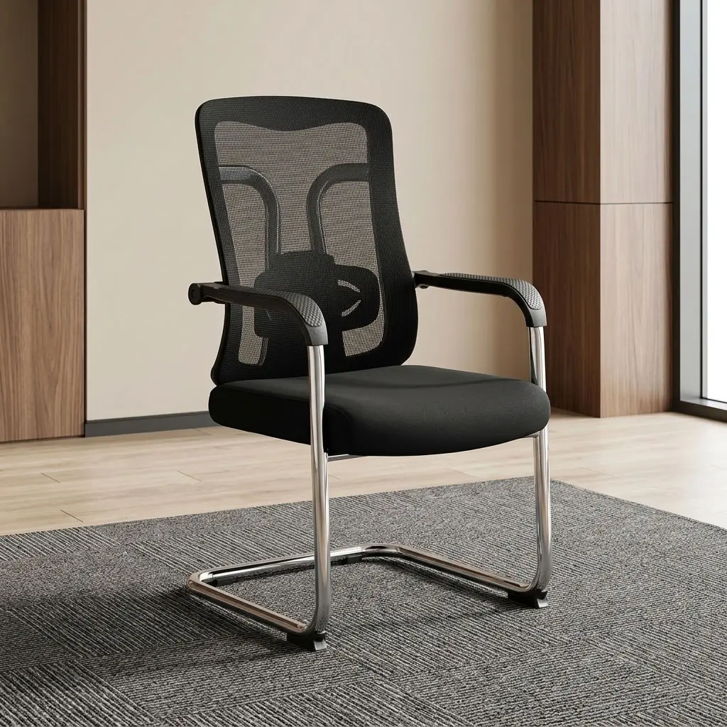 Ergonomic Mesh Guest Office Chair With Black Breathable Mesh Backrest, Visible Lumbar Support, Padded Black Seat, Fixed Armrests With Black Pads And Chrome-Toned Cantilever Frame
