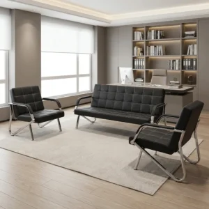 3+1+1 Executive Reception Sofa Set with black upholstered three-seater sofa and two matching single armchairs, square stitched panels, chrome-toned tubular frames and padded arm sections