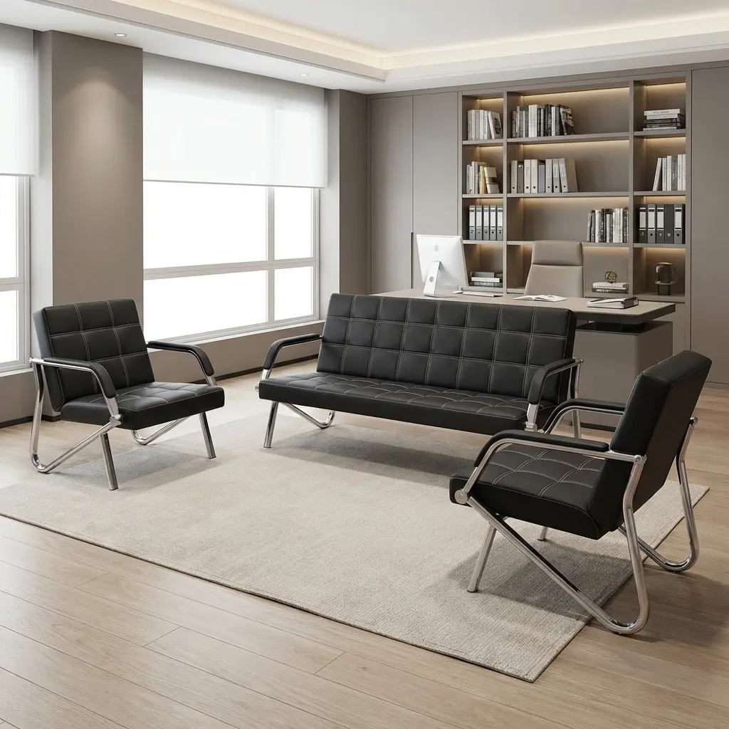 3+1+1 Executive Reception Sofa Set With Black Upholstered Three-Seater Sofa And Two Matching Single Armchairs, Square Stitched Panels, Chrome-Toned Tubular Frames And Padded Arm Sections
