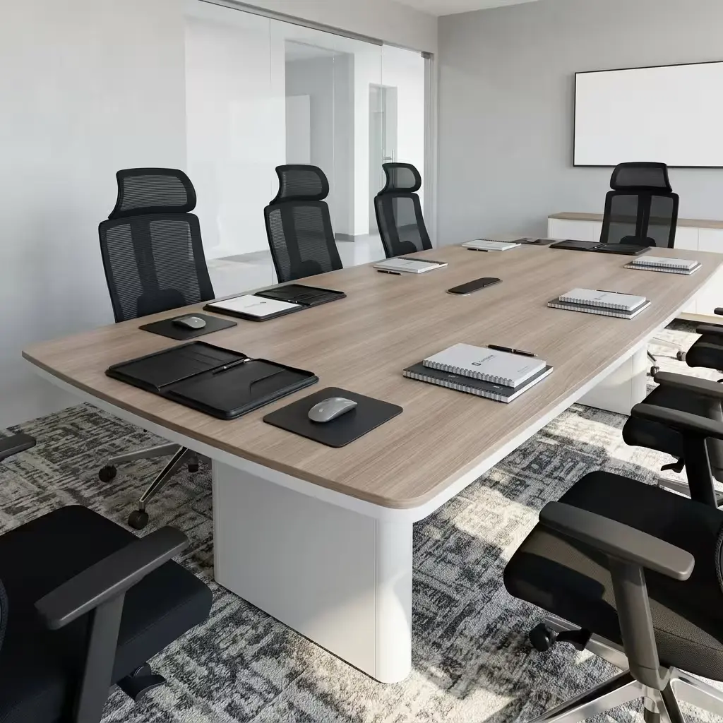 2.4M Premium Conference Table With Broad Brown Wood-Grain Rectangular Tabletop, Gently Rounded Corners, Light-Toned Perimeter Edge, Central Cable-Access Point And Substantial Light-Toned Panel Bases