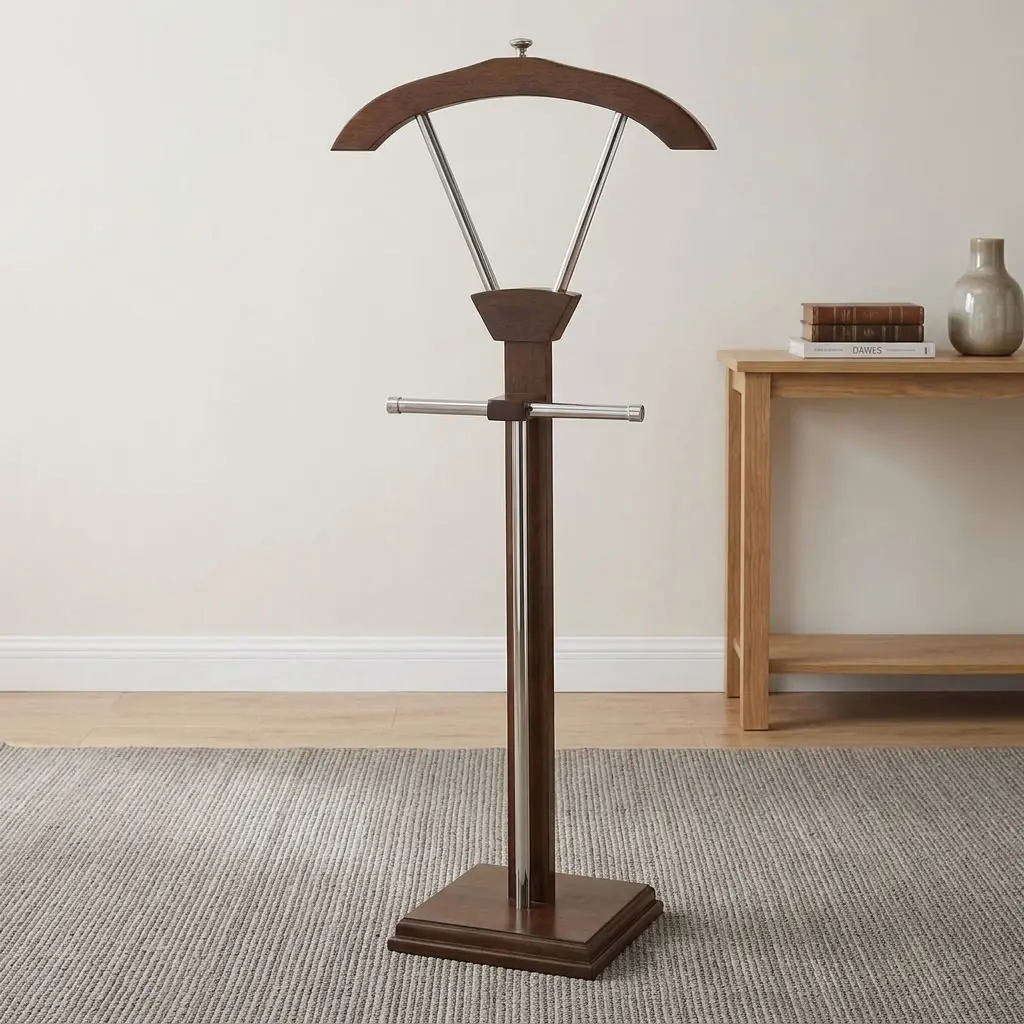 Executive Suit Hanger Stand With Dark Wood-Grain Finish, Curved Upper Garment Hanger, Metallic-Toned Support Rails, Horizontal Hanging Bar And Rectangular Base