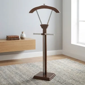 Executive Suit Hanger Stand with dark wood-grain finish, curved upper garment hanger, metallic-toned support rails, horizontal hanging bar and rectangular base