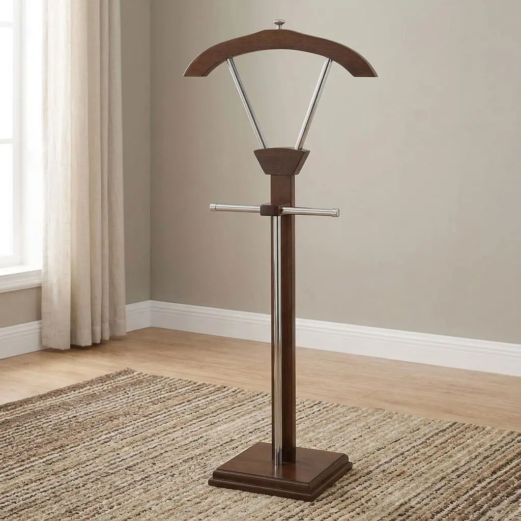 Executive Suit Hanger Stand With Dark Wood-Grain Finish, Curved Upper Garment Hanger, Metallic-Toned Support Rails, Horizontal Hanging Bar And Rectangular Base
