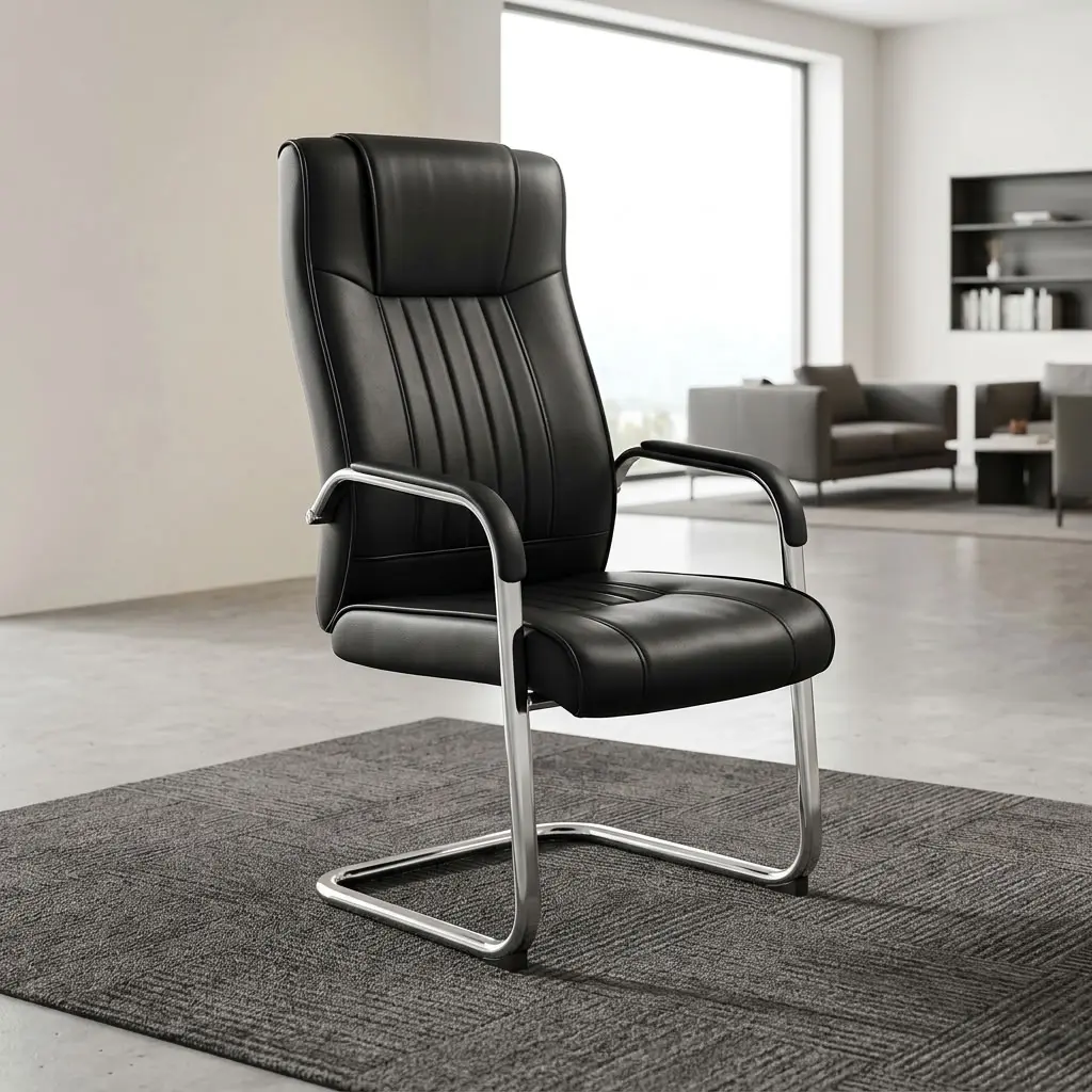 Executive Leather Cantilever Chair With Black Leather Upholstery, Tall Padded Backrest, Vertical Stitched Detailing, Cushioned Seat, Black Padded Armrests And Chrome-Toned Cantilever Frame