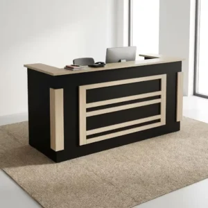 2m Executive Reception Desk with black front panel, light wood-grain countertop, horizontal decorative strips, vertical accents and raised reception counter design