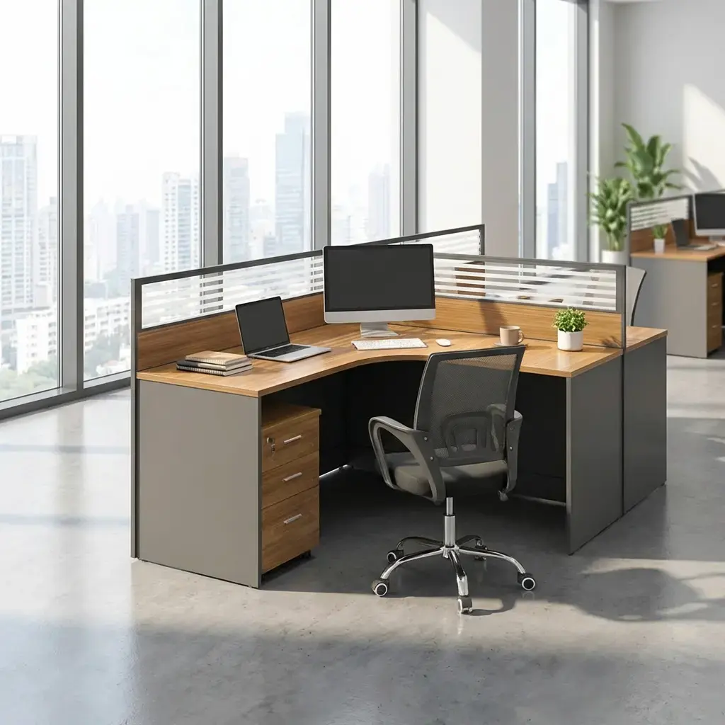 2-Seater L-Shaped Office Desk With Two Warm Wood-Grain L-Shaped Work Surfaces, Curved Inner Corners, Dark Lower Panels, Horizontal Slatted Partition Screens And Individual Three-Drawer Pedestals