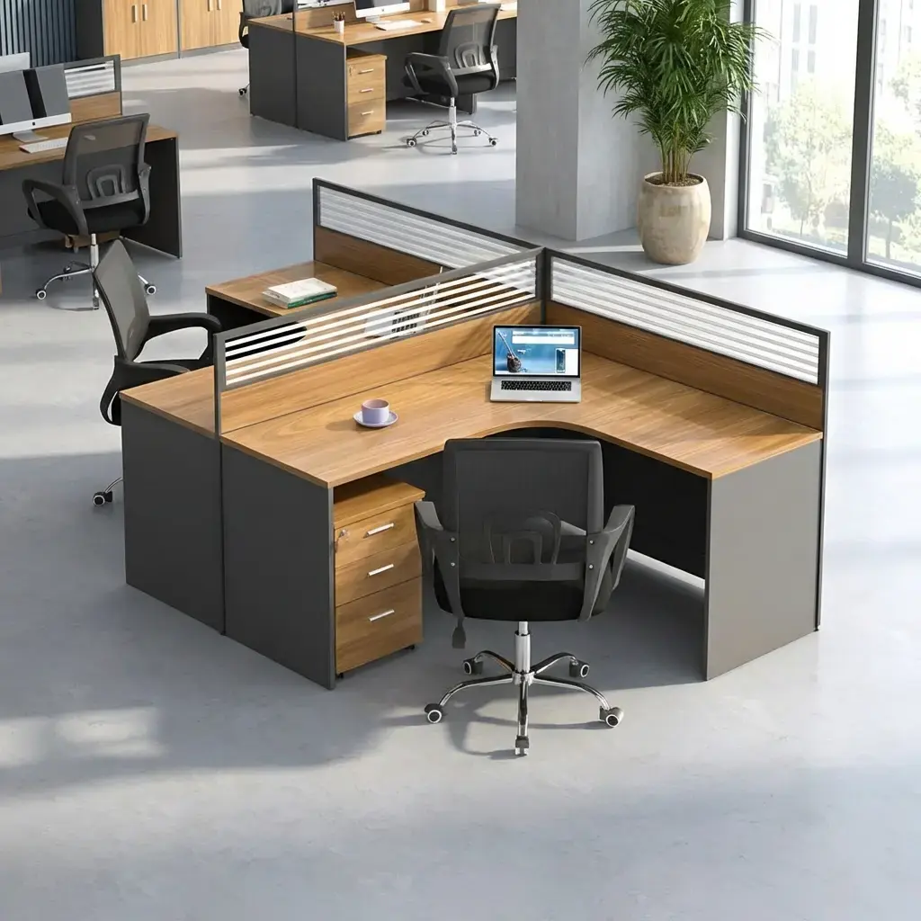 2-Seater L-Shaped Office Desk With Two Warm Wood-Grain L-Shaped Work Surfaces, Curved Inner Corners, Dark Lower Panels, Horizontal Slatted Partition Screens And Individual Three-Drawer Pedestals