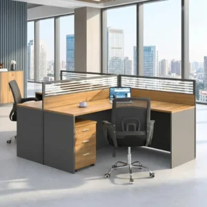 2-Seater L-Shaped Office Desk with two warm wood-grain L-shaped work surfaces, curved inner corners, dark lower panels, horizontal slatted partition screens and individual three-drawer pedestals