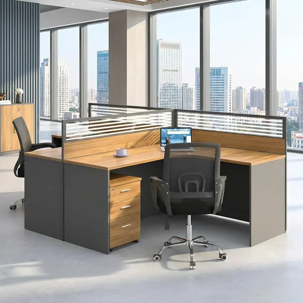 2-Seater L-Shaped Office Desk With Two Warm Wood-Grain L-Shaped Work Surfaces, Curved Inner Corners, Dark Lower Panels, Horizontal Slatted Partition Screens And Individual Three-Drawer Pedestals