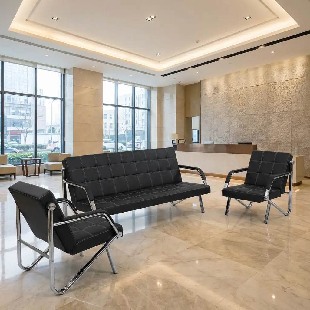3+1+1 Executive Reception Sofa Set With Black Upholstered Three-Seater Sofa And Two Matching Single Armchairs, Square Stitched Panels, Chrome-Toned Tubular Frames And Padded Arm Sections