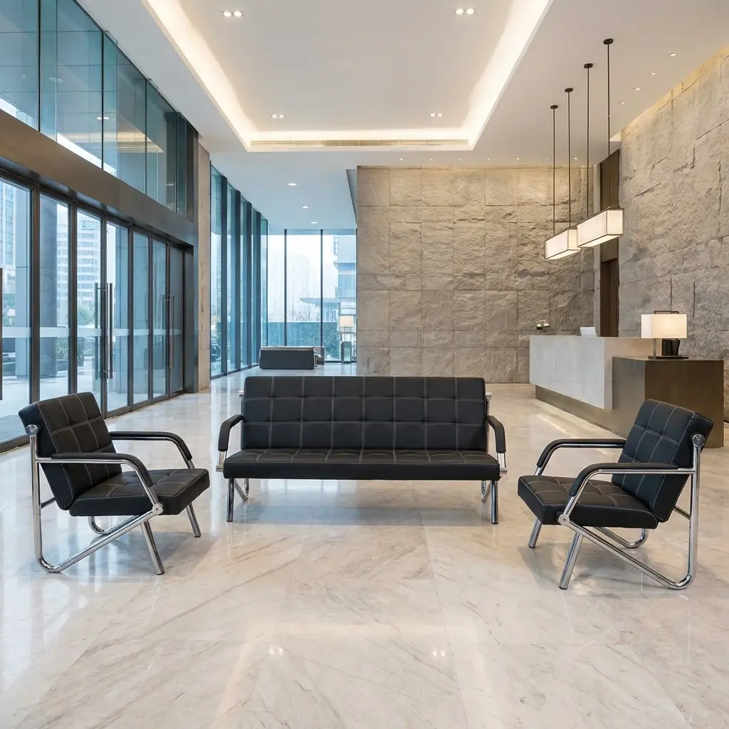 3+1+1 Executive Reception Sofa Set With Black Upholstered Three-Seater Sofa And Two Matching Single Armchairs, Square Stitched Panels, Chrome-Toned Tubular Frames And Padded Arm Sections