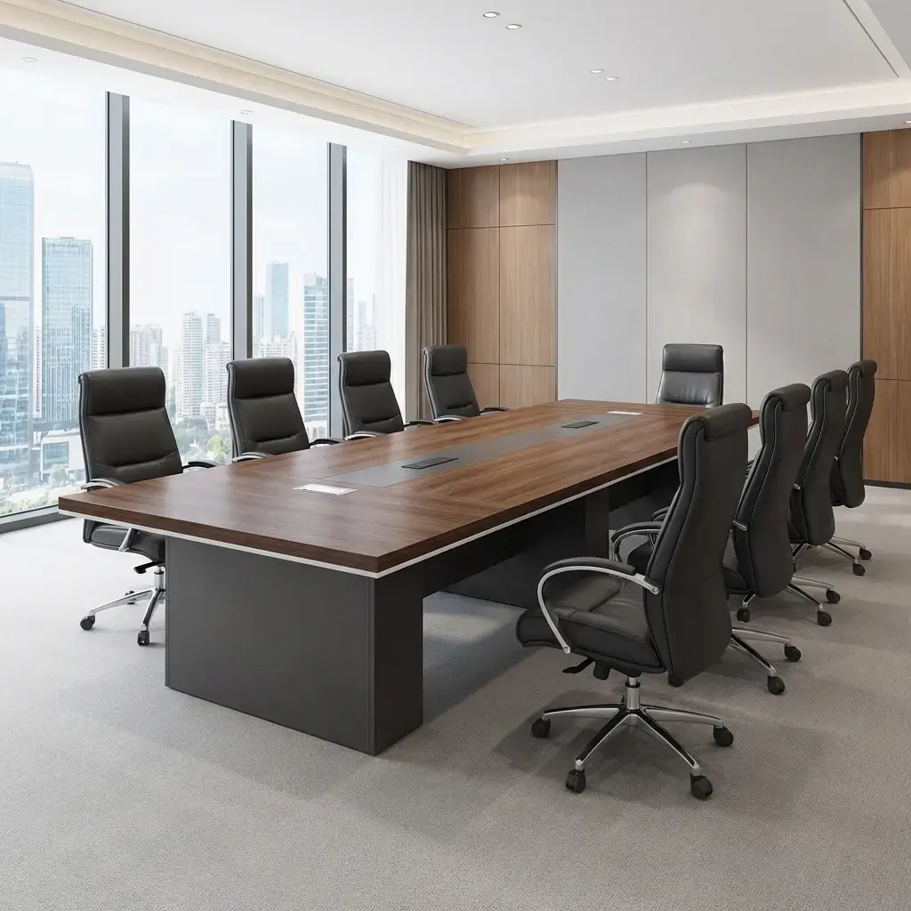6M Corporate Meeting Room Table With Large Rectangular Wood-Grain Tabletop, Dark Central Section, Integrated Tabletop Access Points And Substantial Panel-Style Bases