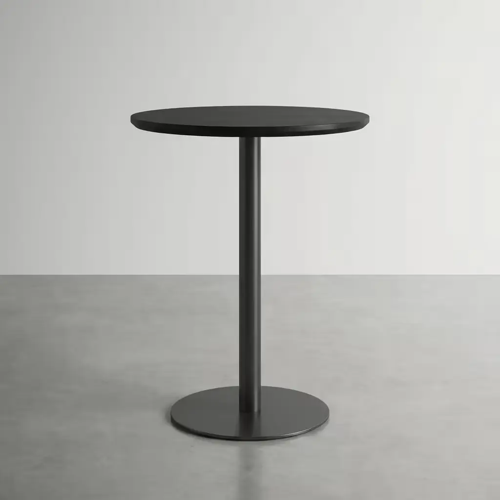 Commercial Restaurant Bistro Table With Round Black Tabletop, Single Central Pedestal Column And Broad Circular Black Base