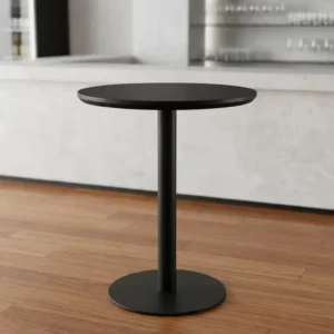 Commercial Restaurant Bistro Table with round black tabletop, single central pedestal column and broad circular black base