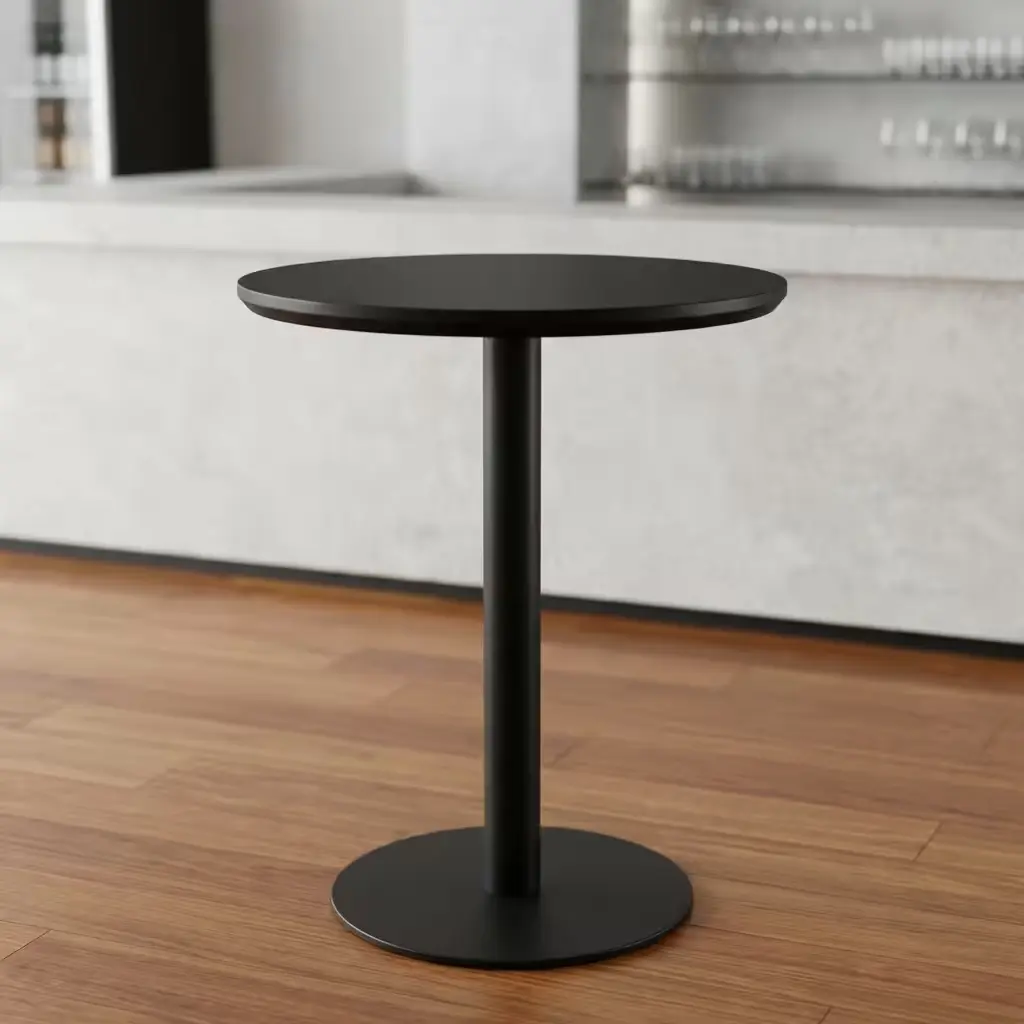 Commercial Restaurant Bistro Table With Round Black Tabletop, Single Central Pedestal Column And Broad Circular Black Base