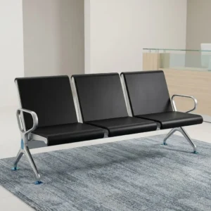 Executive 3-Seater Waiting Bench with three individual black upholstered seats and backrests, metallic-toned supporting frame, angled legs and outer armrests