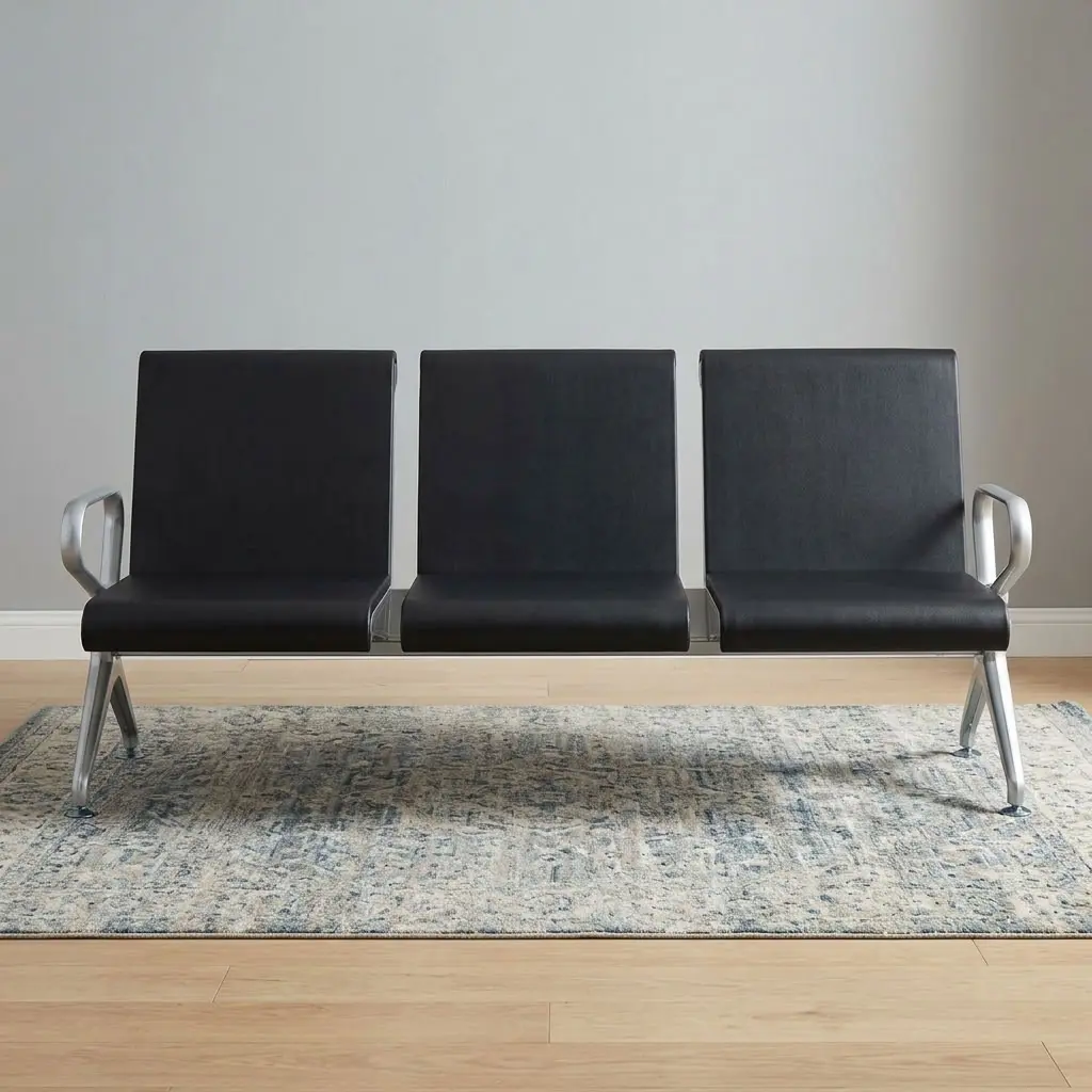 Executive 3-Seater Waiting Bench With Three Individual Black Upholstered Seats And Backrests, Metallic-Toned Supporting Frame, Angled Legs And Outer Armrests