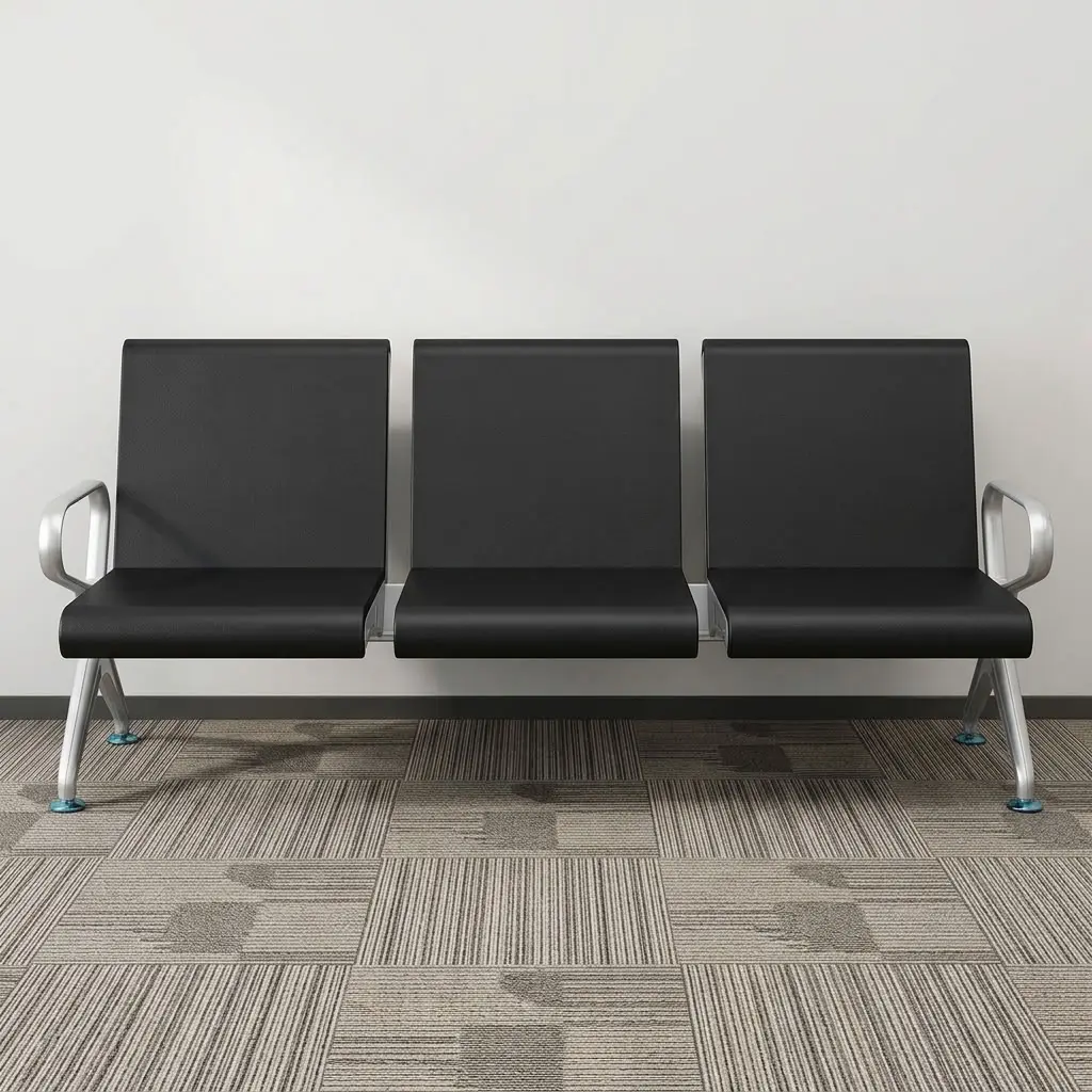 Executive 3-Seater Waiting Bench With Three Individual Black Upholstered Seats And Backrests, Metallic-Toned Supporting Frame, Angled Legs And Outer Armrests