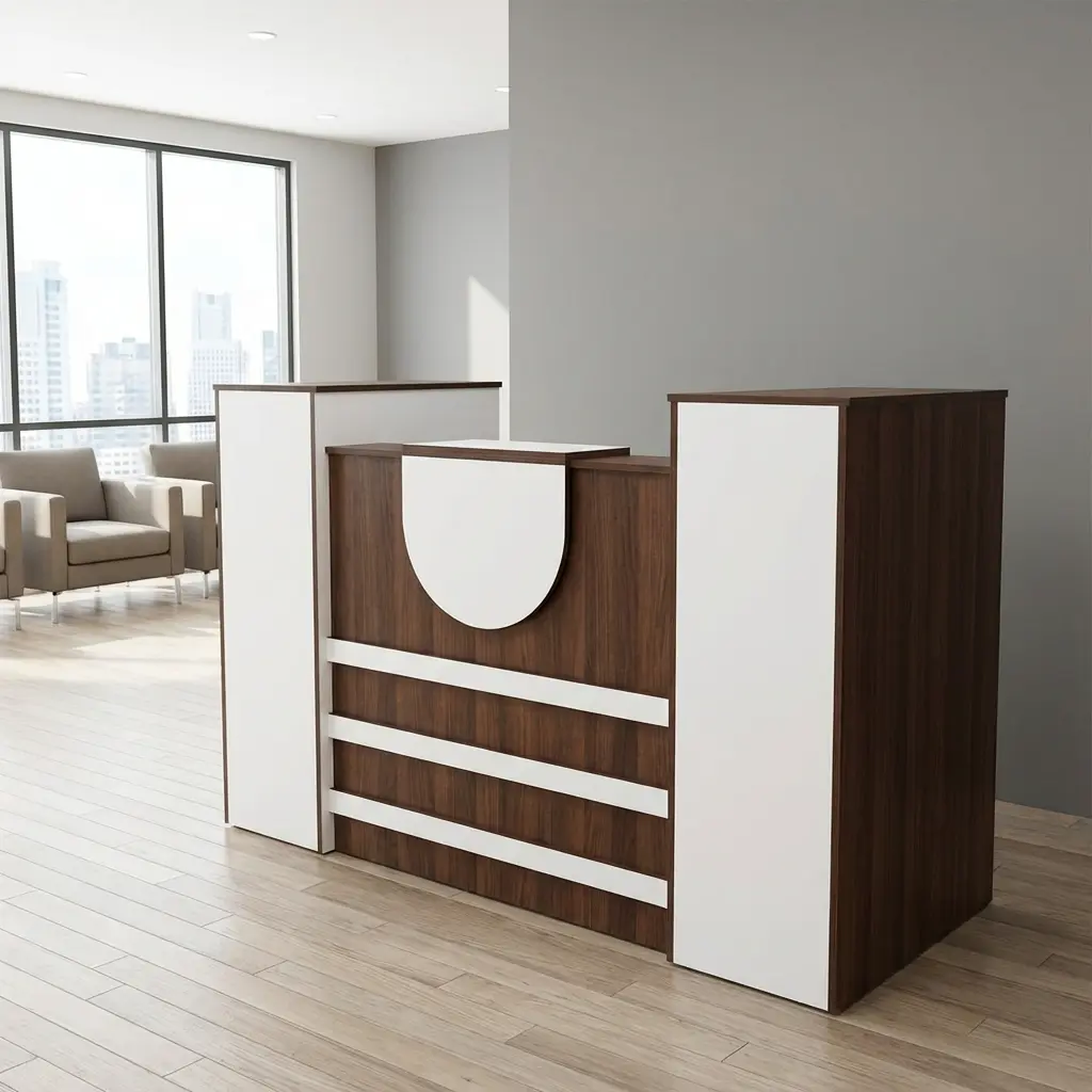 1.6M Modern Reception Counter With Brown Wood-Grain Worktop And Front Panel, White Side Sections, Raised Counter Surfaces, Curved White Front Feature And Three Horizontal Accent Strips